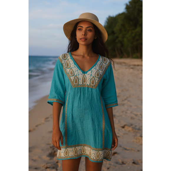 Uncle Frank 100% Linen Embroidered Dress V-Neck Boho Festival Pockets Size Small - Picture 1 of 12